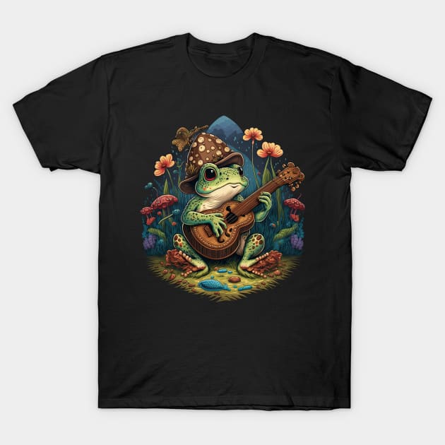 Cottagecore aesthetic cute frog playing ukelele on Mushroom T-Shirt by JayD World